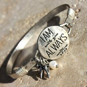 I Am With You Always Matthew 28:20 Silver Pearl Lamb Charm Slim Oval Bracelet